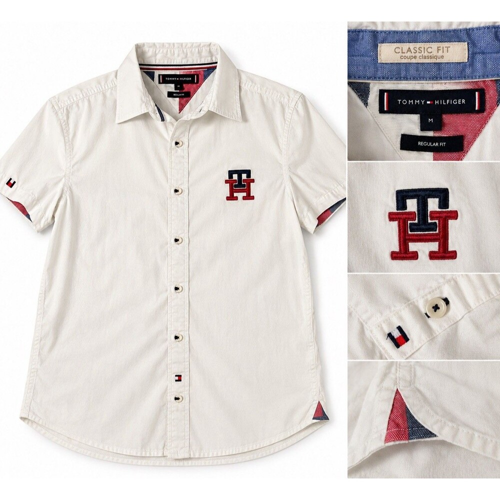 Tommy Hilfiger Men’s Medium White Short Sleeve Button Up Shirt TH Logo